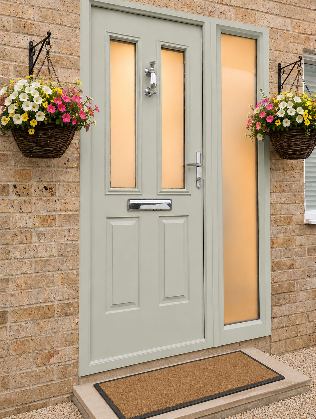 Sage green composite front door with twin glazed panels and side light, framed by hanging baskets