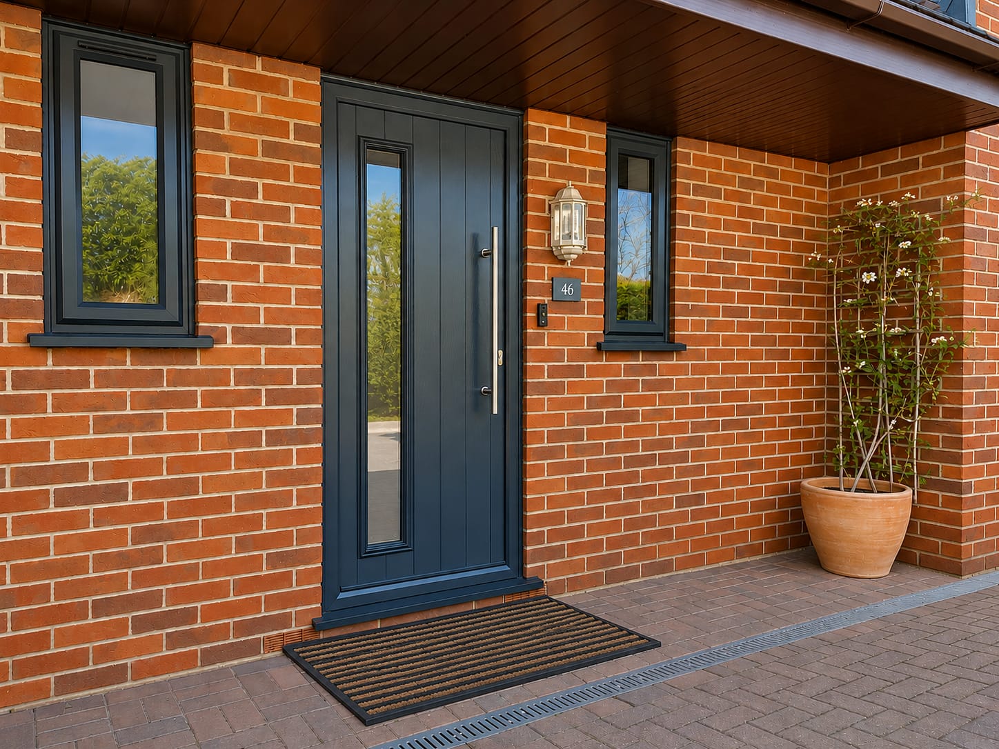 Anthracite grey cottage-style composite front door with long glazed panel and stainless steel bar handle