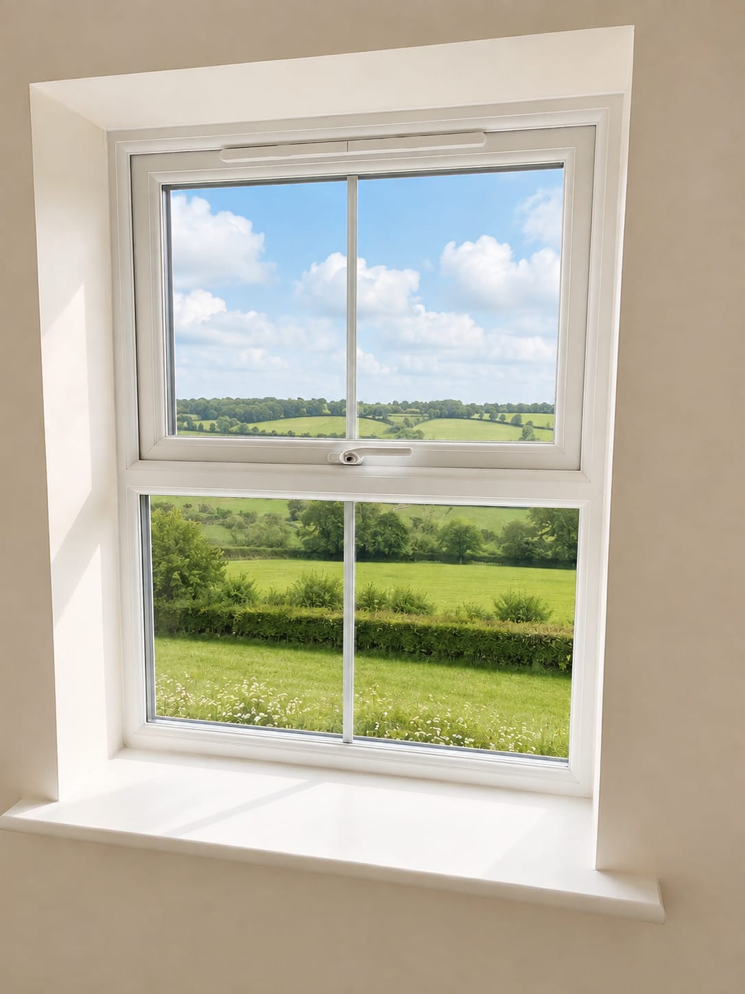 White UPVC sliding sash window looking out over open countryside