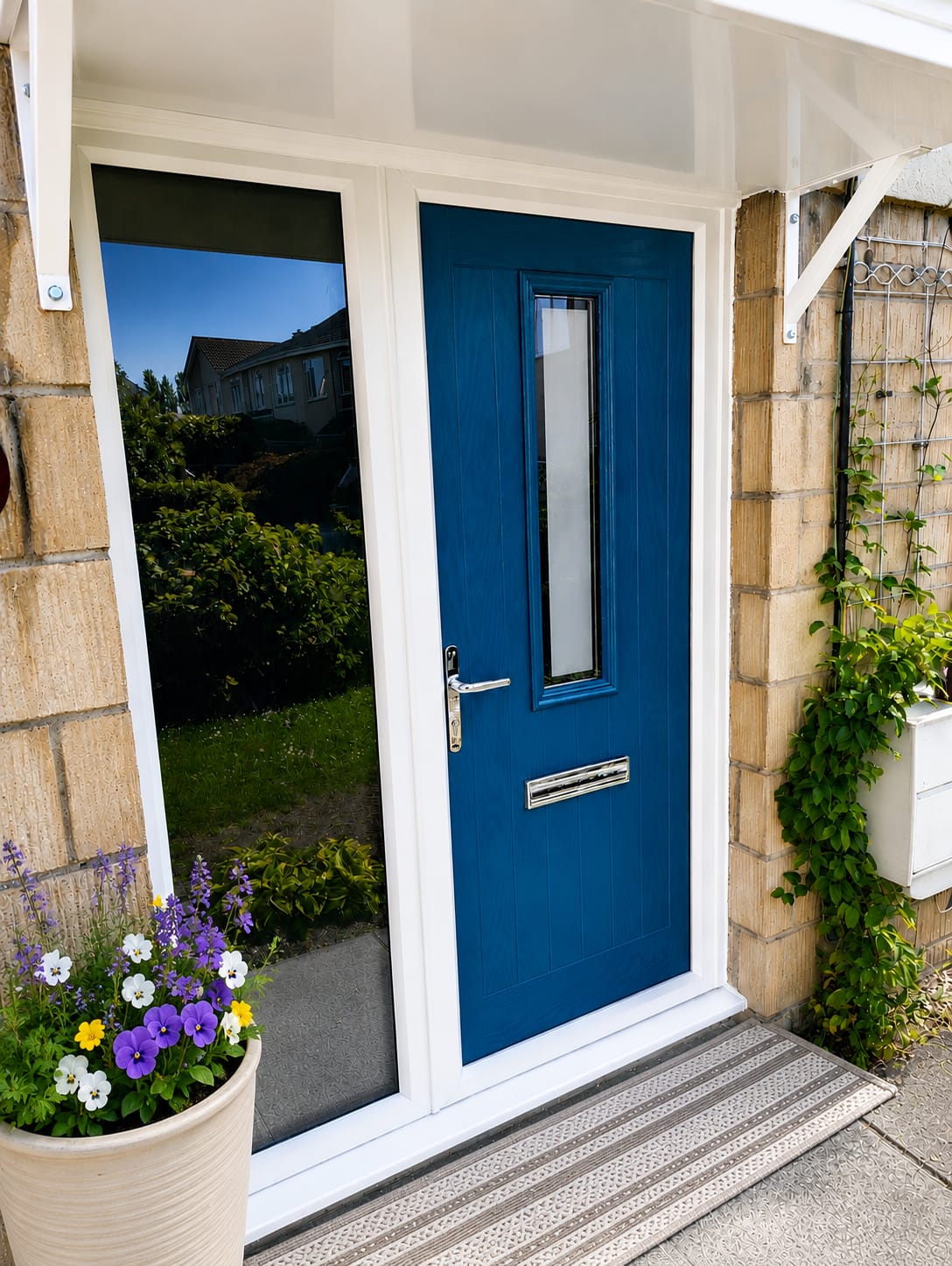 Blue composite front door with slim glazed panel and full-height side window