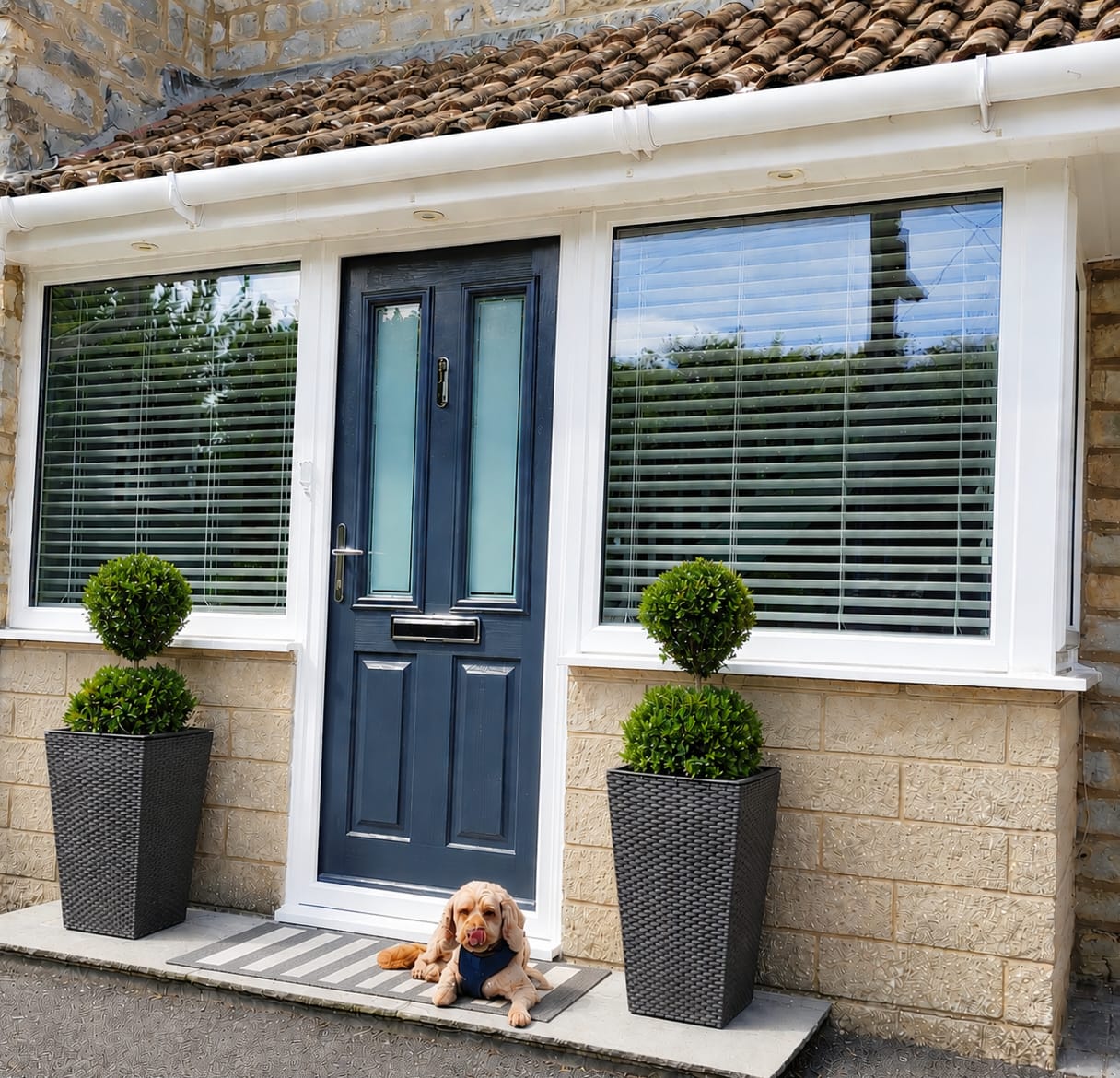 Navy composite front door between wide white uPVC windows on a stone bungalow