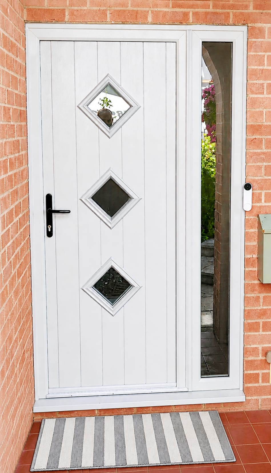 White cottage-style composite front door with three diamond glazed panels and arched side light
