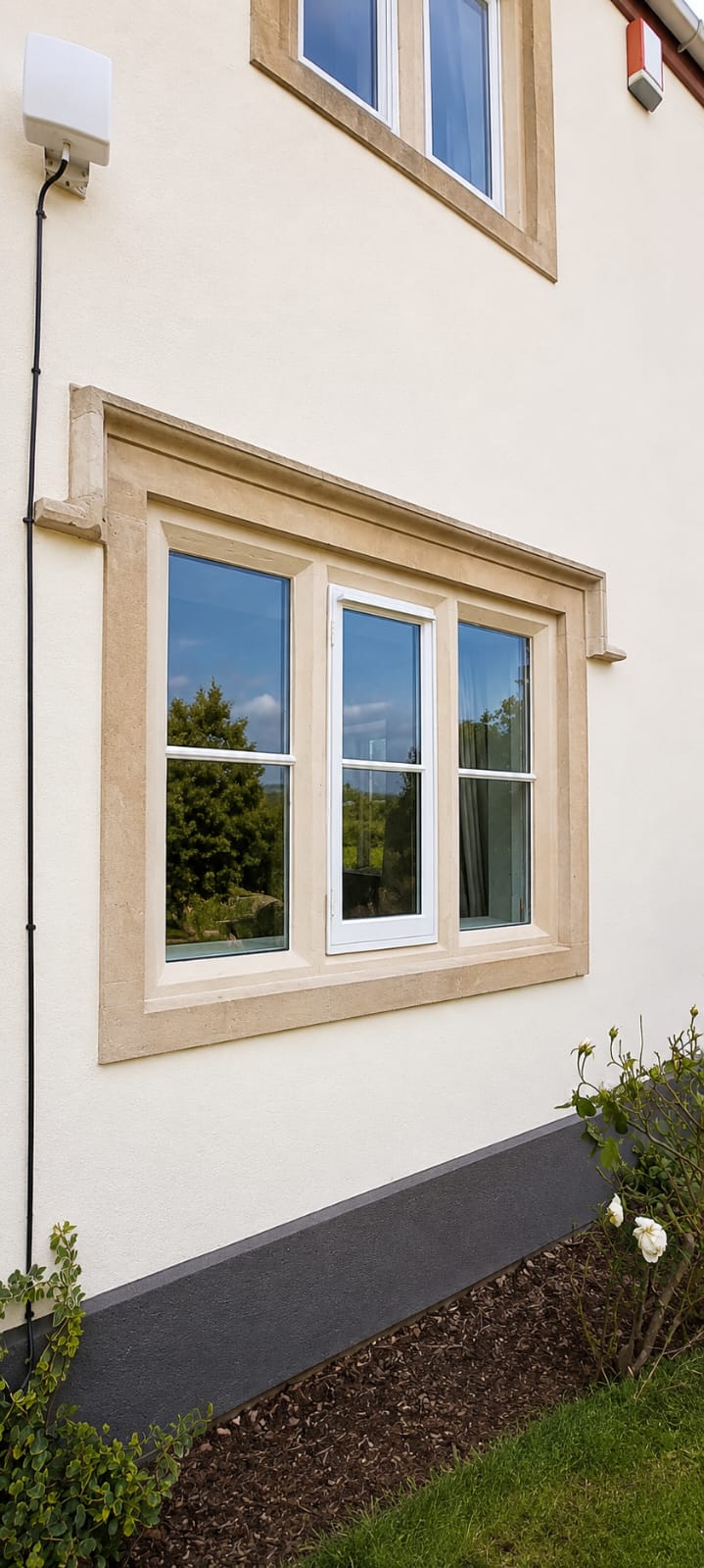 Heritage flush casement window set in a carved stone surround
