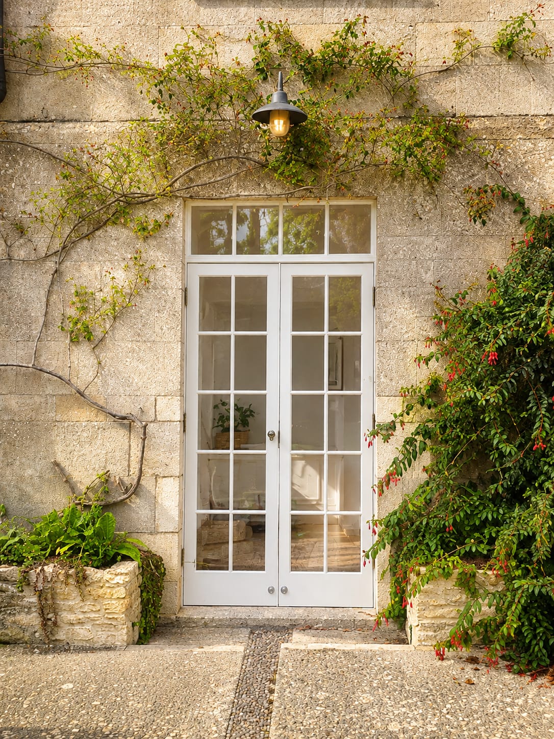 Traditional white georgian-bar french doors with fanlight in a stone cottage wall