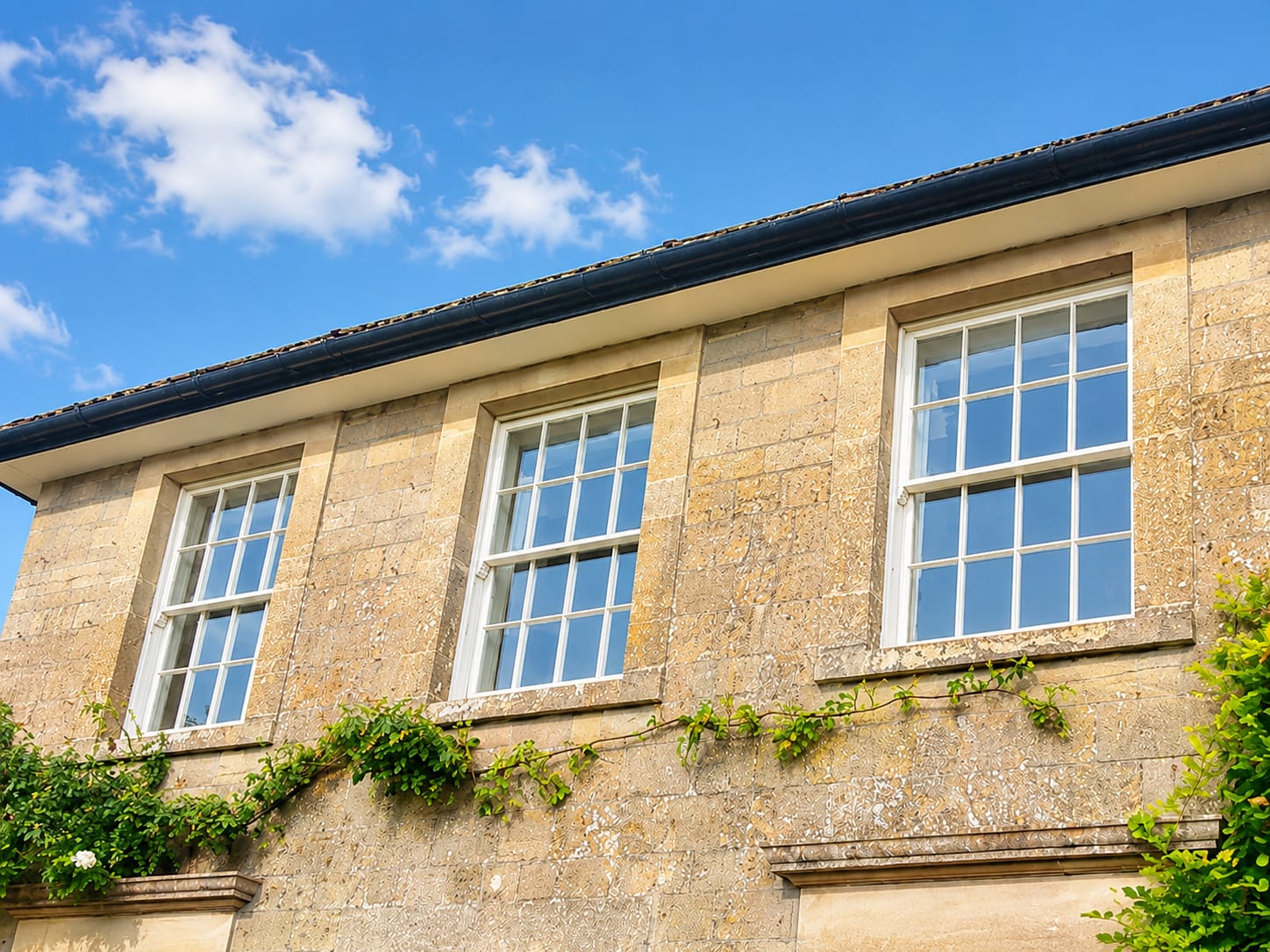 Traditional heritage sliding sash windows with georgian bars in a Bath stone facade